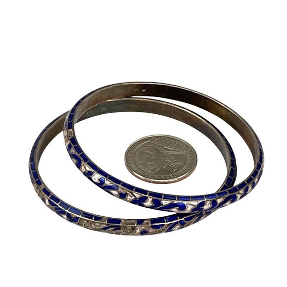 Vintage Blue & Silver Cloisonne Floral Pattern Bangles Set Of 2 Small Wrist - Picture 5 of 6